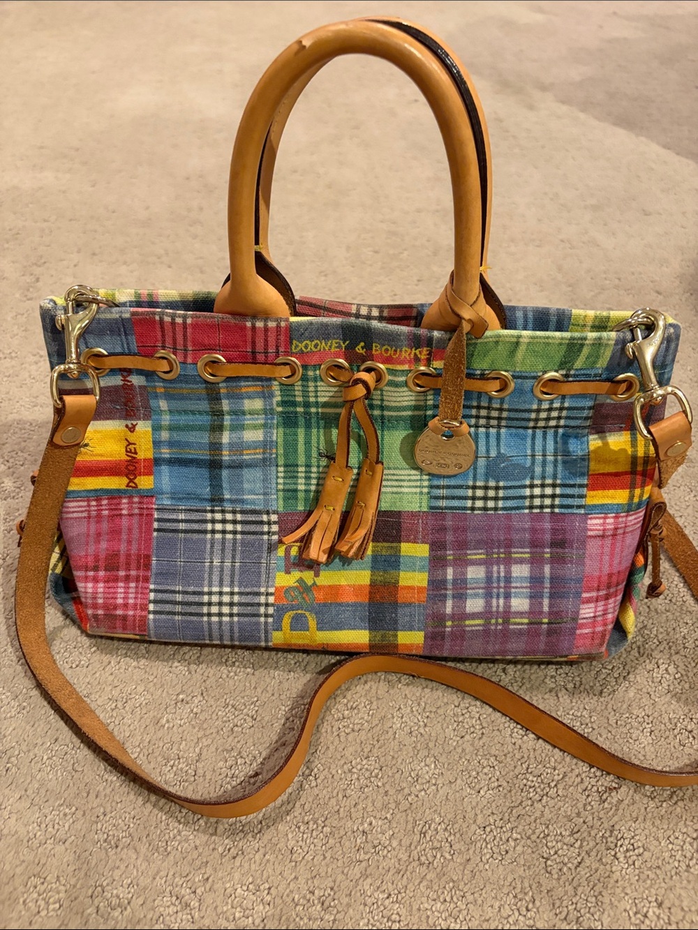 Dooney & Bourke Multicolor Plaid Patchwork Satchel with Tan Leather